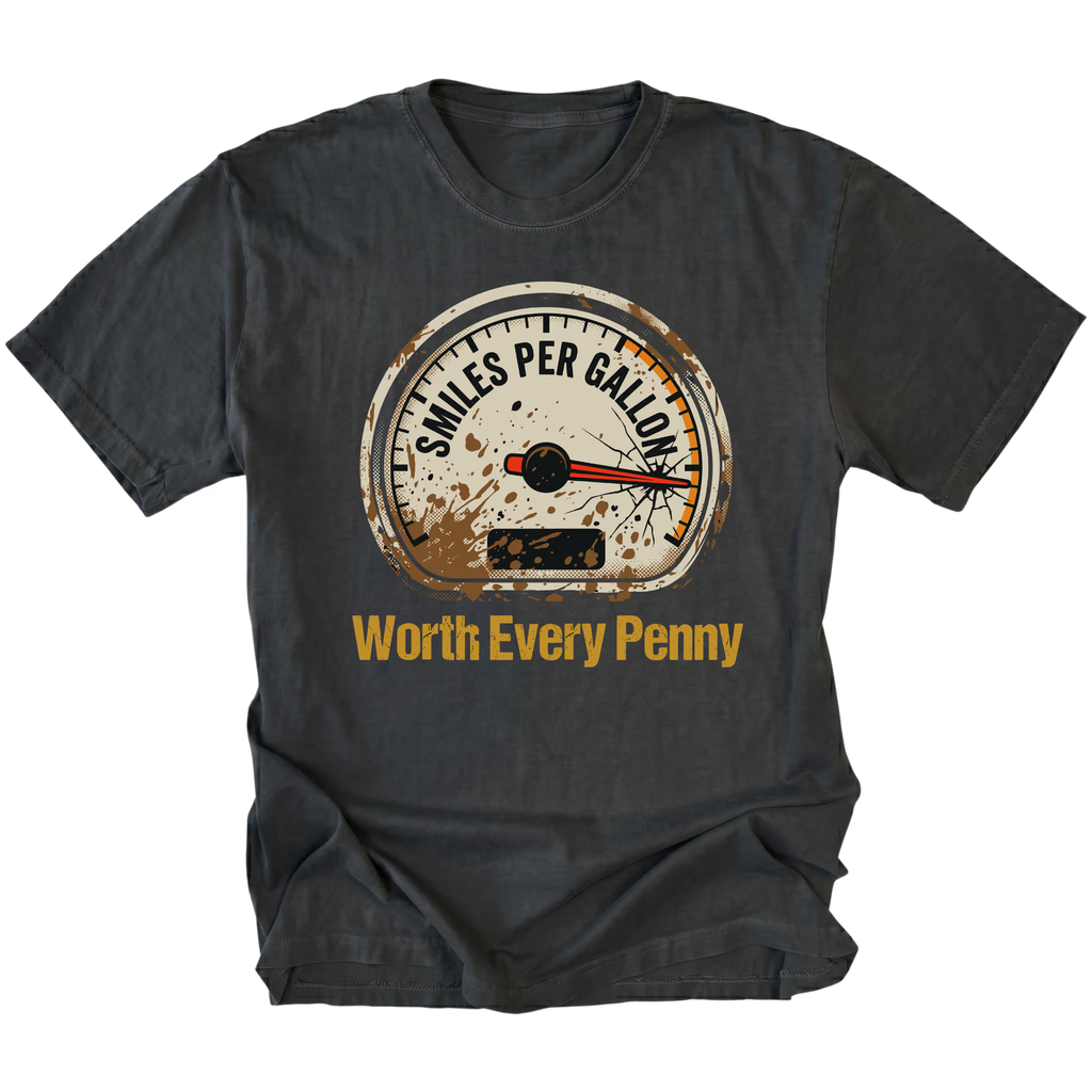 Black T-Shirt featuring Miles Per Gallon gauge with Worth Every Penny design on front view by Trail Snark.