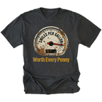 Black T-Shirt featuring Miles Per Gallon gauge with Worth Every Penny design on front view by Trail Snark.