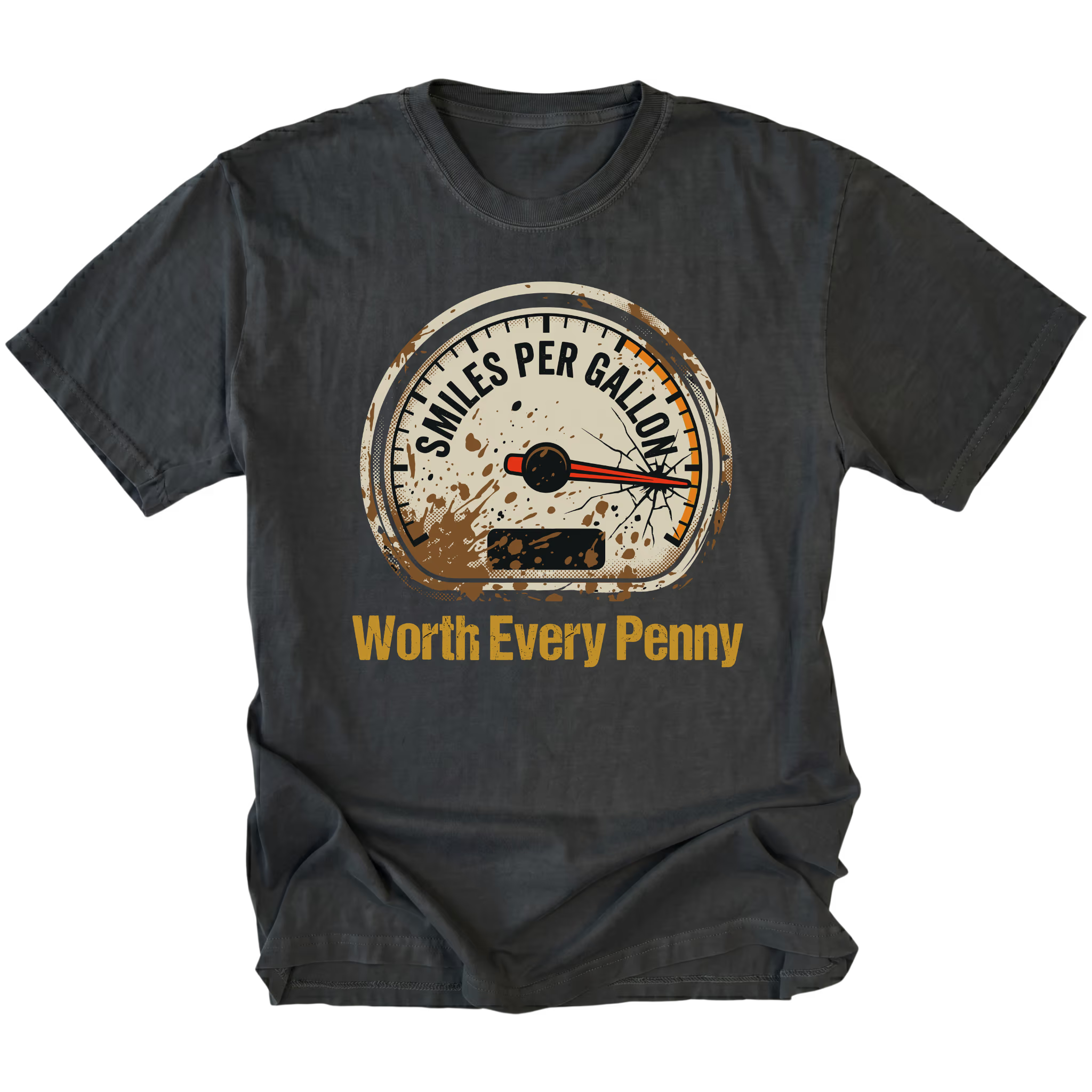 Black T-Shirt featuring Miles Per Gallon gauge with Worth Every Penny design on front view by Trail Snark.