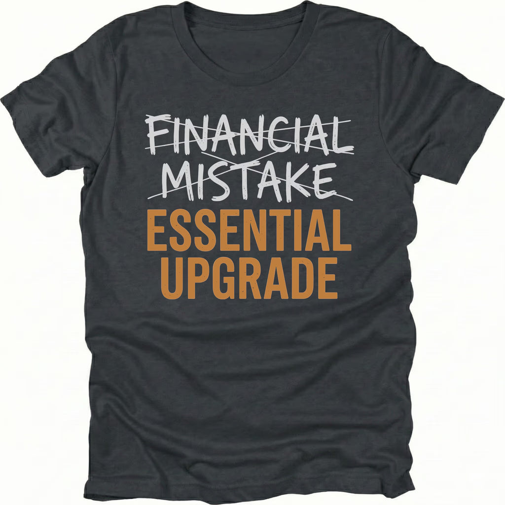 Black T-Shirt with Financial Mistake crossed out above Essential Upgrade text design on front view by Trail Snark.