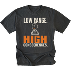 Black T-shirt featuring the Low Range High Consequences design with a transfer case shifter on the front by Trail Snark.