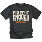 Black T-Shirt with Fixed It Enough To Get Home trail repair design shown from the front by Trail Snark.