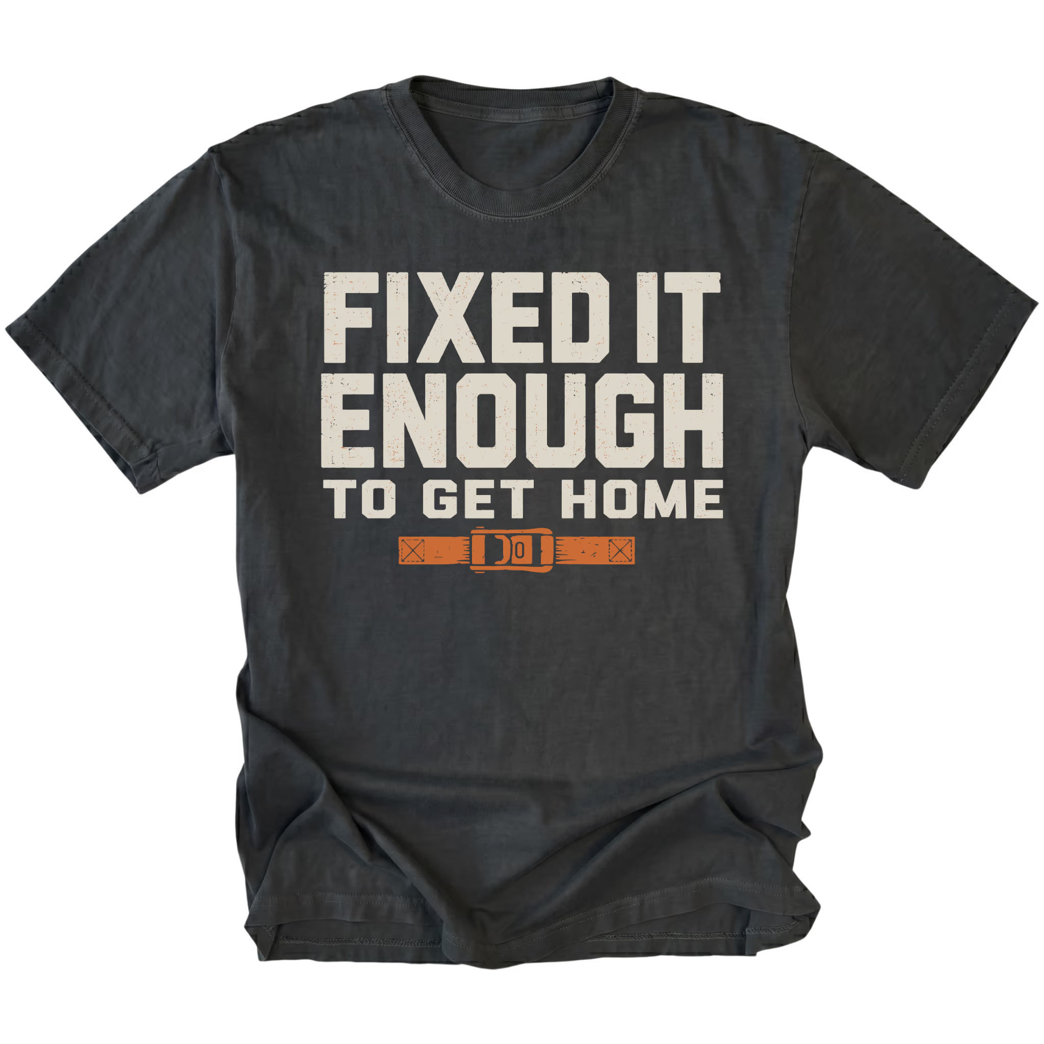 Black T-Shirt with Fixed It Enough To Get Home trail repair design shown from the front by Trail Snark.