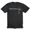 A black t-shirt with a white graphic print that reads 'Wheeling Today!' next to a simple stick figure drawing, shown on a plain white background.