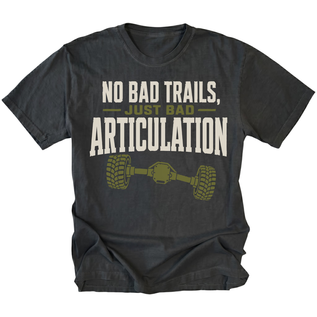 Black T-shirt featuring the Bad Articulation axle design on the front by Trail Snark.
