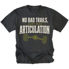 Black T-shirt featuring the Bad Articulation axle design on the front by Trail Snark.