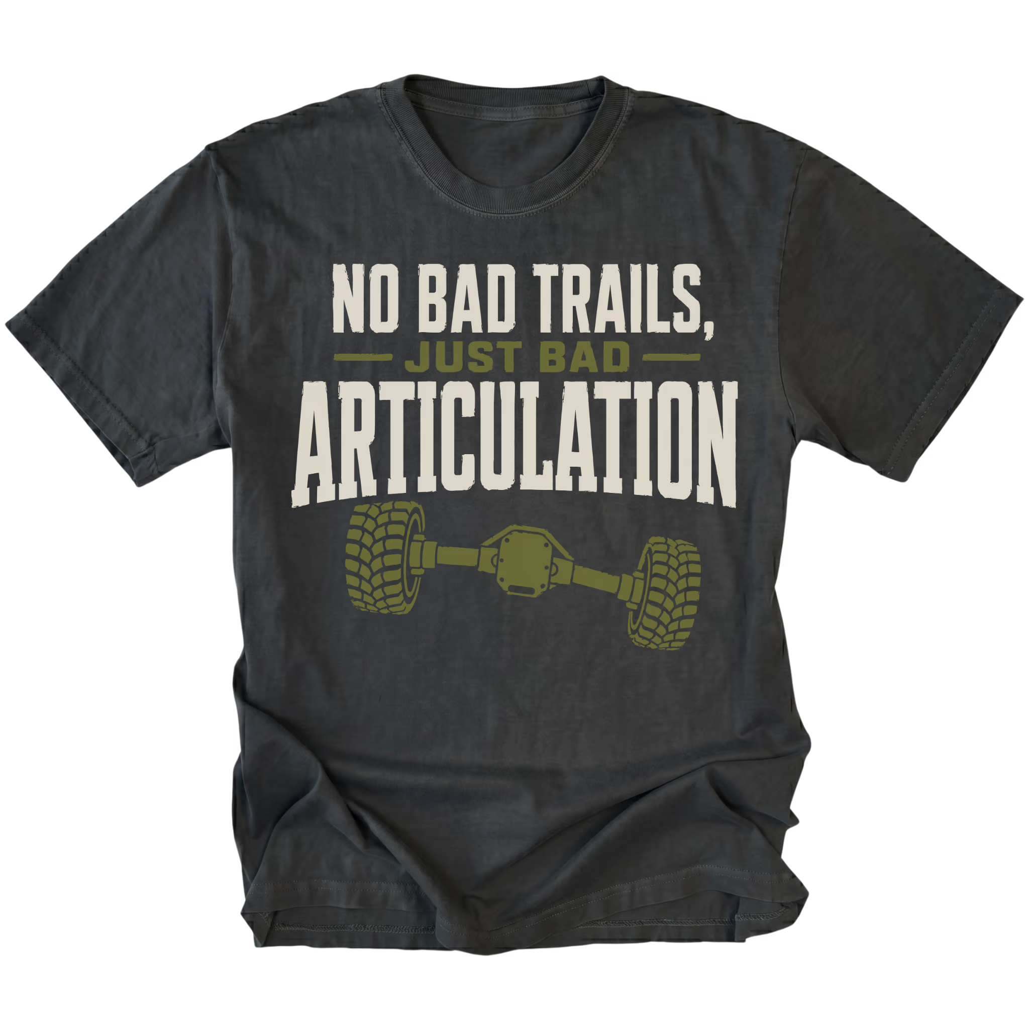 Black T-shirt featuring the Bad Articulation axle design on the front by Trail Snark.