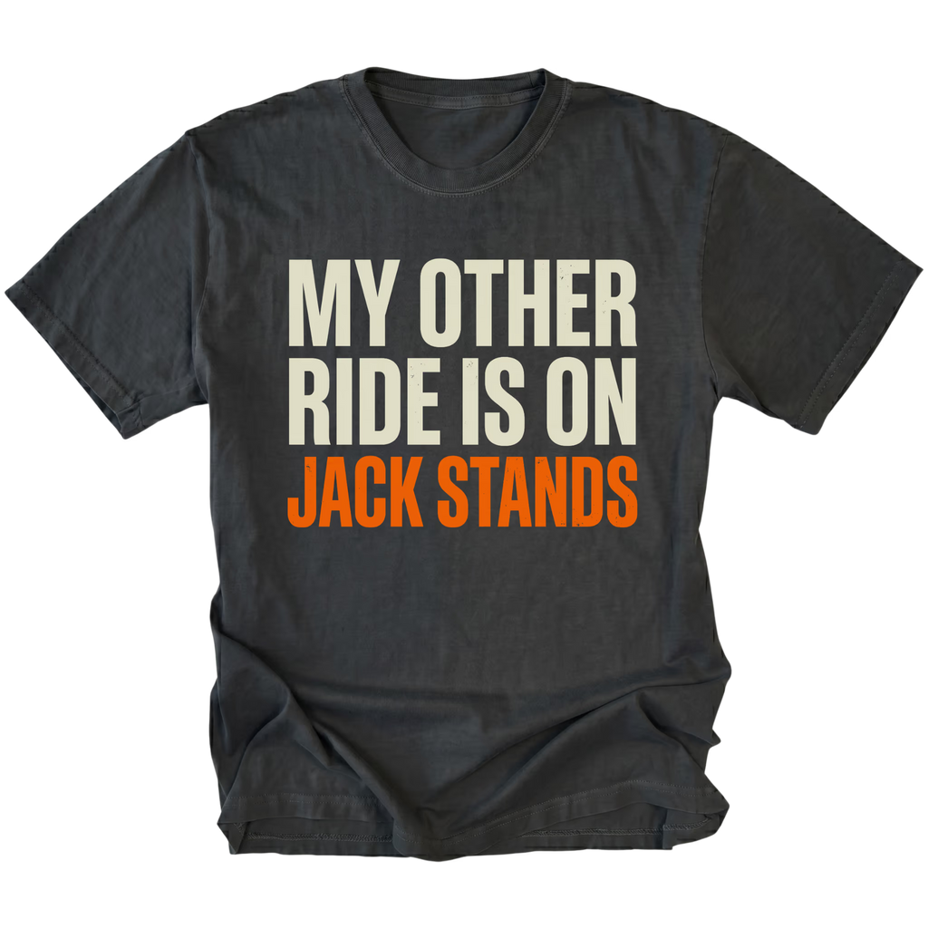 Black t-shirt with My Other Ride Is On Jack Stands text design shown front view by Trail Snark.