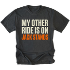 Black t-shirt with My Other Ride Is On Jack Stands text design shown front view by Trail Snark.