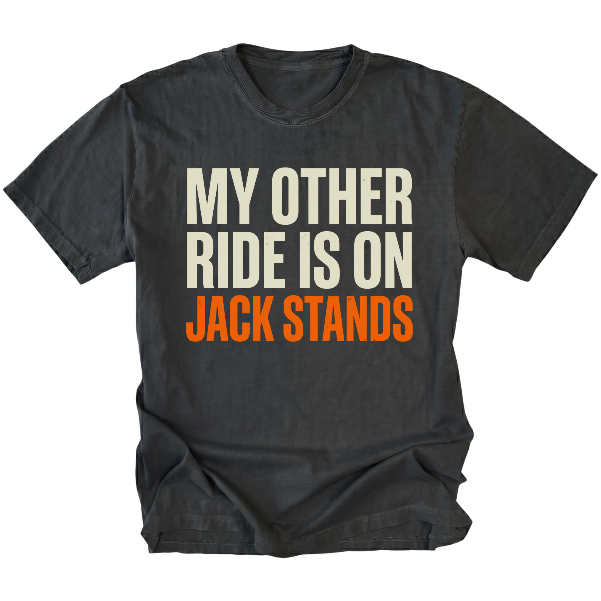 Black t-shirt with My Other Ride Is On Jack Stands text design shown front view by Trail Snark.