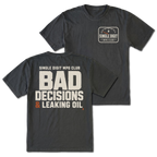 Black T-shirt with Single Digit MPG Club front print and Bad Decisions & Leaking Oil back design shown front and back by Trail Snark.