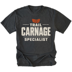 Black T-shirt featuring the Trail Carnage Specialist design on the front by Trail Snark.