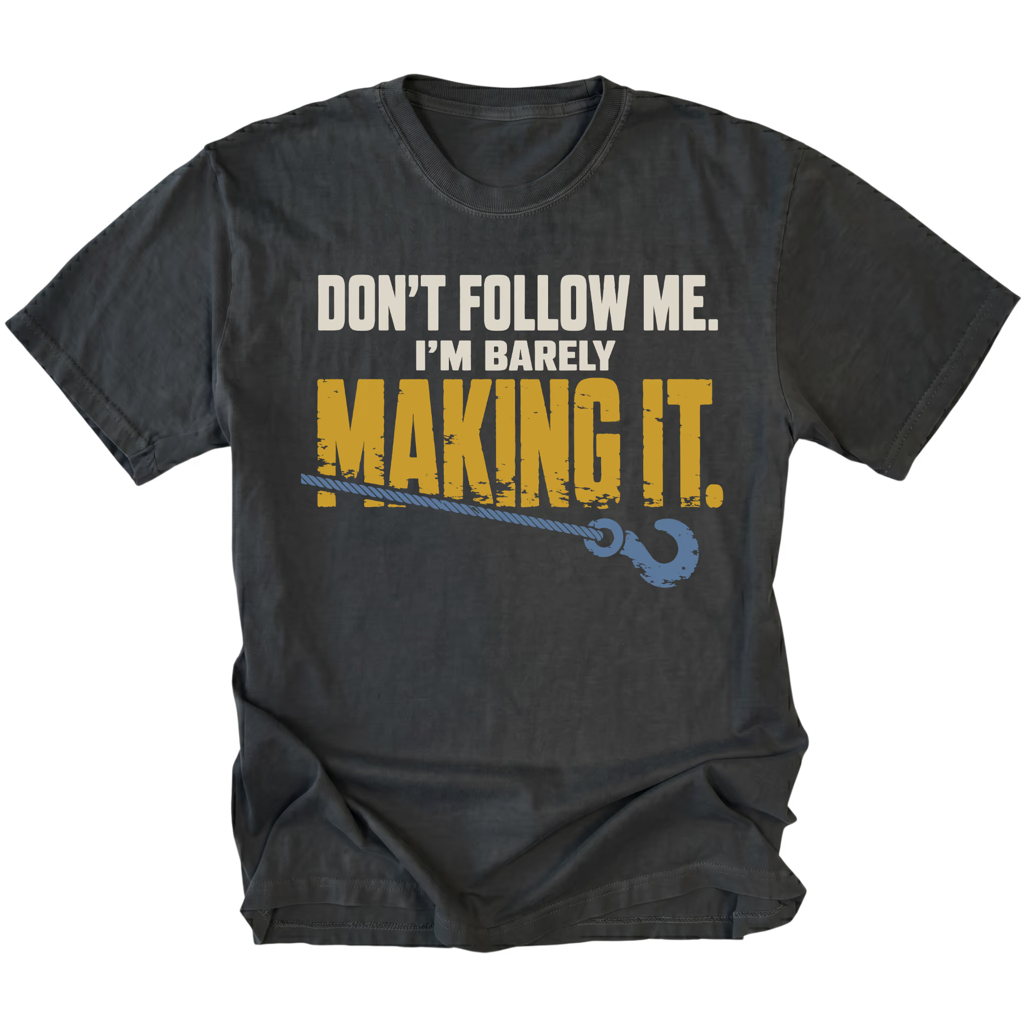 Black T-shirt featuring the Barely Making It recovery hook design on the front by Trail Snark.