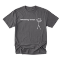 A charcoal gray crewneck t-shirt with a white graphic print that reads 'Wheeling Today!' next to a simple stick figure drawing, displayed on a solid white background.