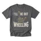 A charcoal gray crewneck t-shirt featuring a graphic of a robot giving a middle finger with the text 'I'LL BE OUT WHEELING' in a distressed off-white font, displayed on a solid white background.