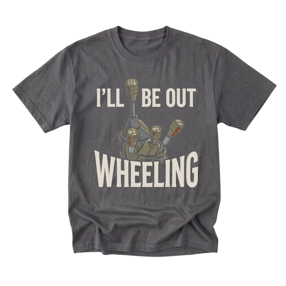 A charcoal gray crewneck t-shirt featuring a graphic of a robot giving a middle finger with the text 'I'LL BE OUT WHEELING' in a distressed off-white font, displayed on a solid white background.