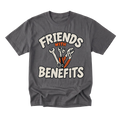 A charcoal gray graphic t-shirt featuring the text 'FRIENDS WITH BENEFITS' in white with black outlines, accompanied by illustrations of wrenches and an orange tool in the center, displayed on a solid white background.