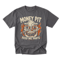A charcoal gray graphic t-shirt featuring a distressed design of a skull wearing goggles, surrounded by flames and mechanical parts, with the text 'MONEY PIT' above and 'FEED ME PARTS' below.