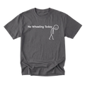A charcoal gray crewneck t-shirt with a white graphic print that reads 'No Wheeling Today' next to a simple stick figure drawing, displayed on a solid white background.