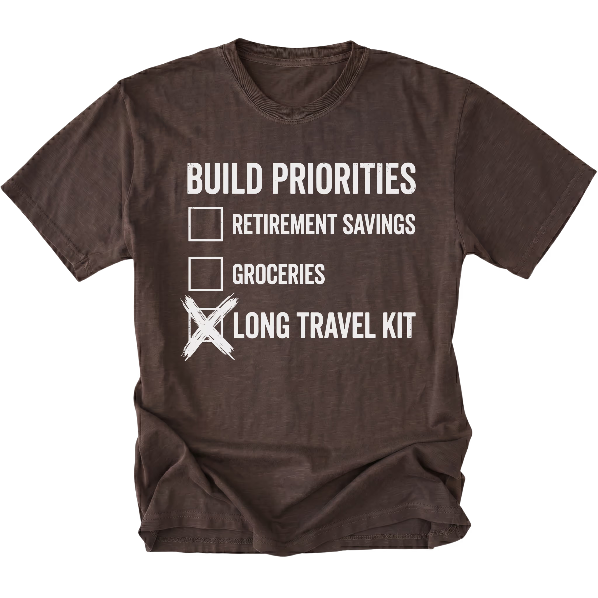 Espresso T-Shirt featuring Build Priorities checklist highlighting long travel kit on front view by Trail Snark.