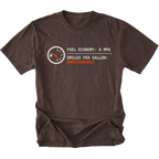 Espresso t-shirt featuring a fuel gauge graphic with text reading fuel economy 8 MPG and smiles per gallon unmeasurable displayed on the front.