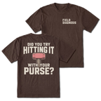 Espresso t-shirt featuring the Field Diagnosis chest print on the front and the Purse Hammer design on the back by Trail Snark.