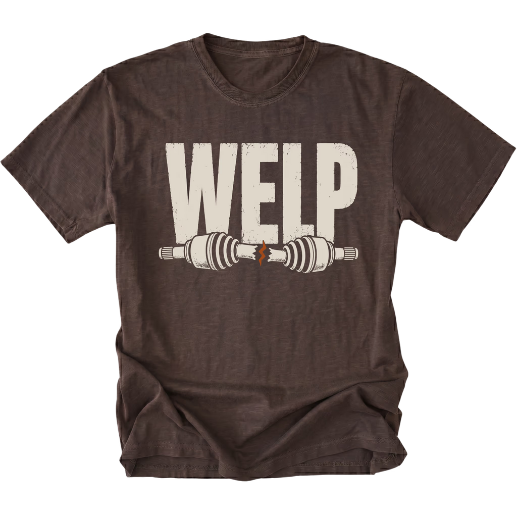 Espresso T-shirt with Welp broken axle design shown from the front by Trail Snark.