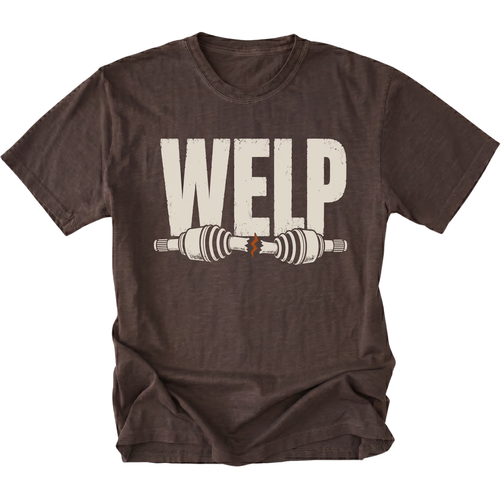 Espresso T-shirt with Welp broken axle design shown from the front by Trail Snark.