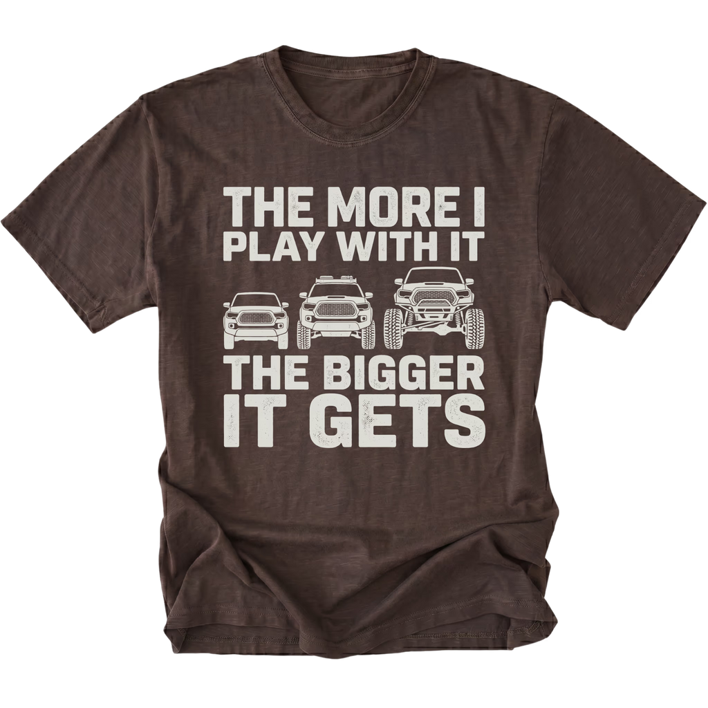 Espresso T-Shirt featuring The More I Play With It The Bigger It Gets design with three progressively lifted trucks shown on the front view by Trail Snark.