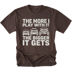 Espresso T-Shirt featuring The More I Play With It The Bigger It Gets design with three progressively lifted trucks shown on the front view by Trail Snark.