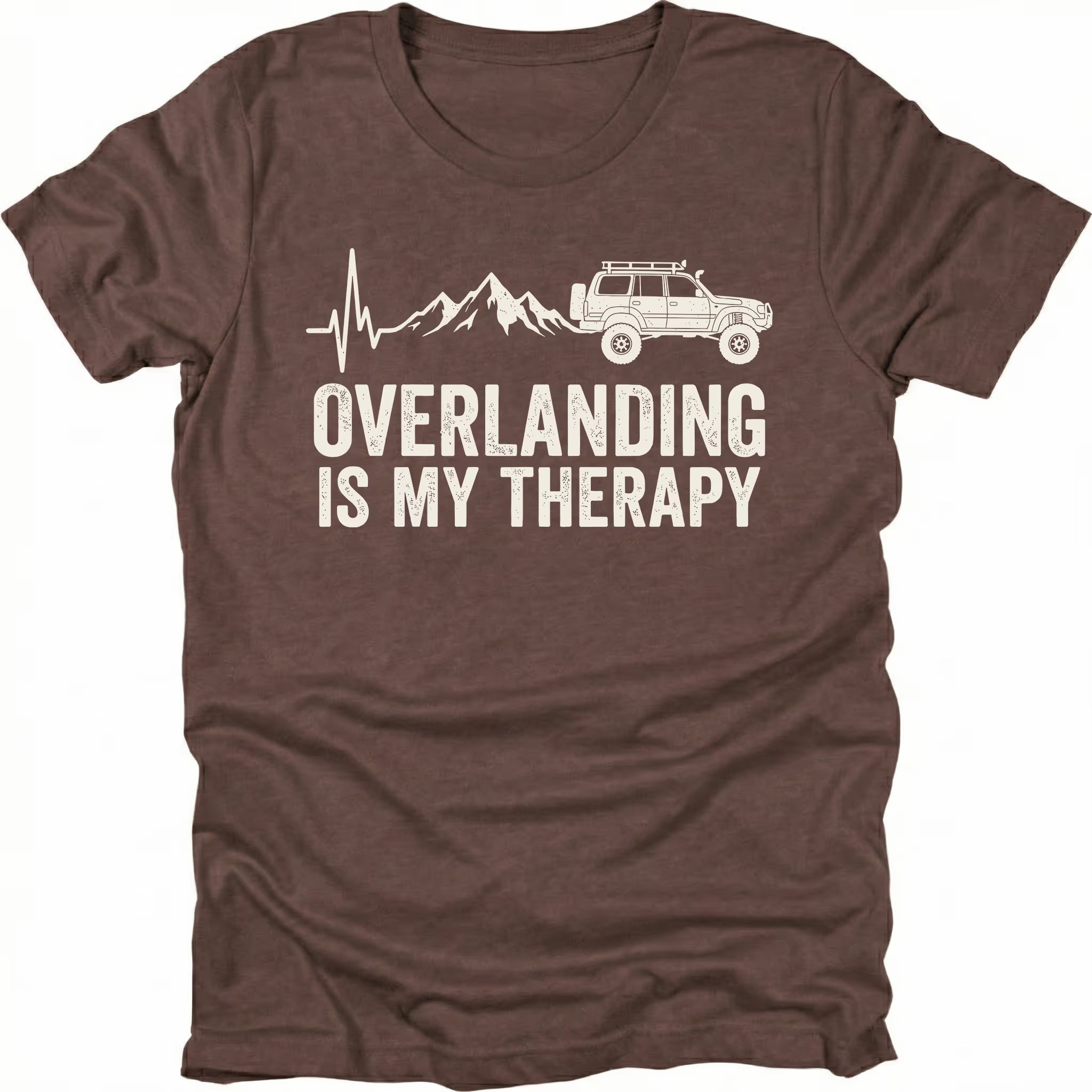 Espresso T-Shirt with heartbeat line, mountains, and vehicle graphic reading “Overlanding Is My Therapy” shown on front view by Trail Snark.