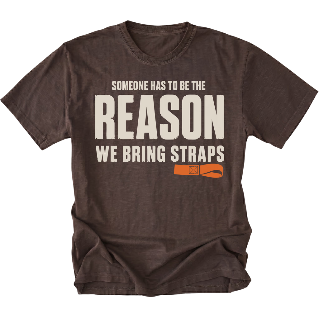 Espresso T-shirt featuring the Bring Straps recovery design on the front by Trail Snark.