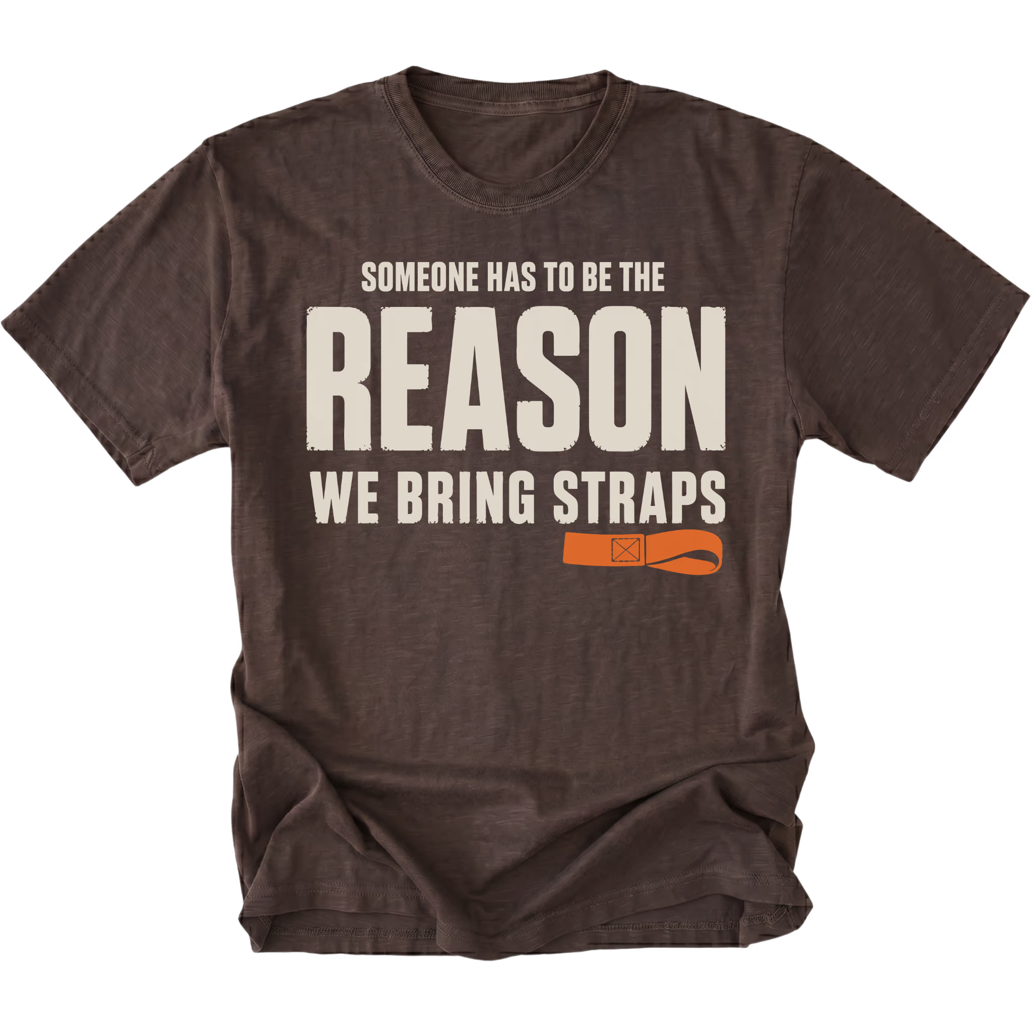Espresso T-shirt featuring the Bring Straps recovery design on the front by Trail Snark.