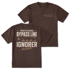 Espresso T-shirt with Professional Bypass Route Ignorer back design and small trail route front chest print by Trail Snark.