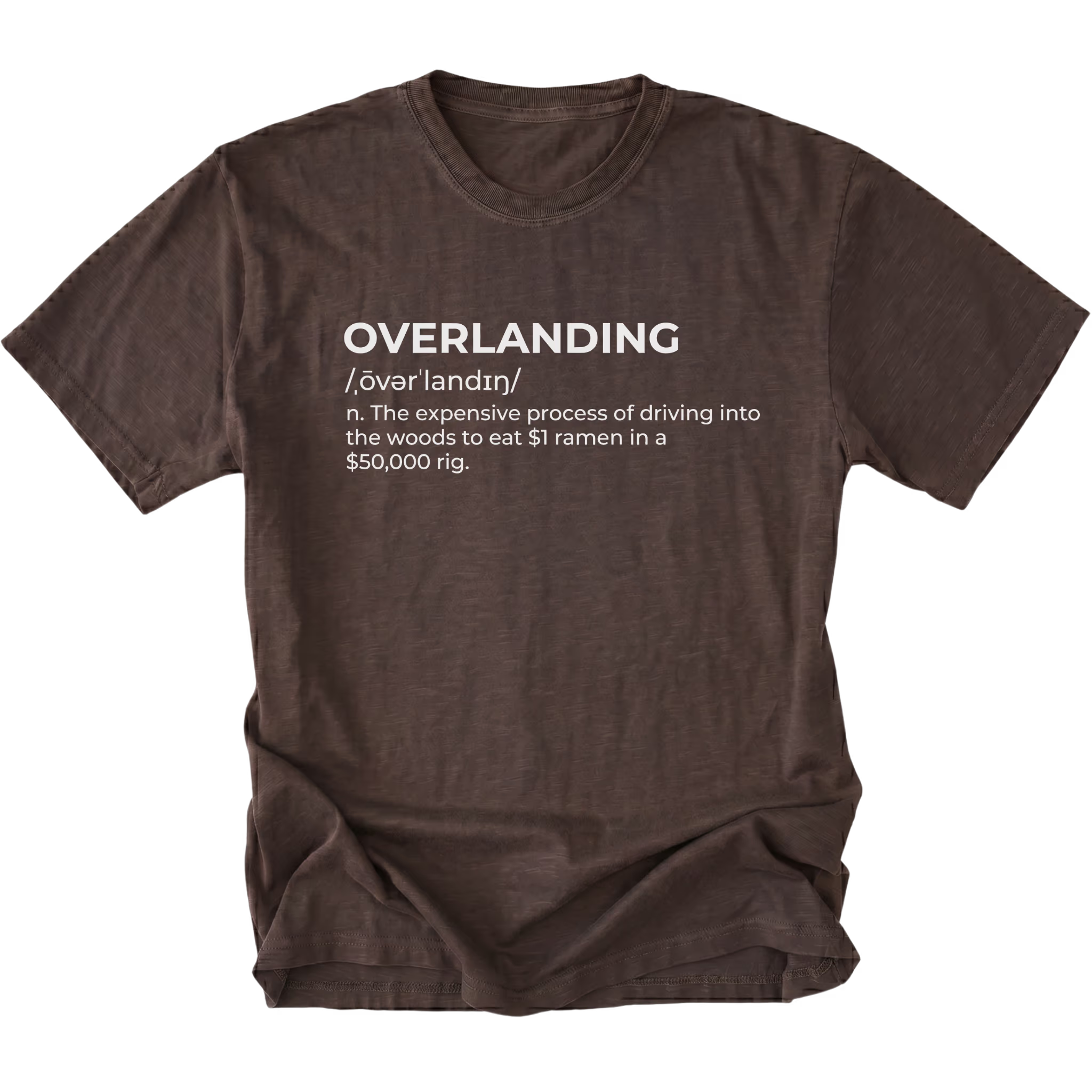 Espresso T-Shirt with dictionary-style “Overlanding” definition text shown on front view by Trail Snark.