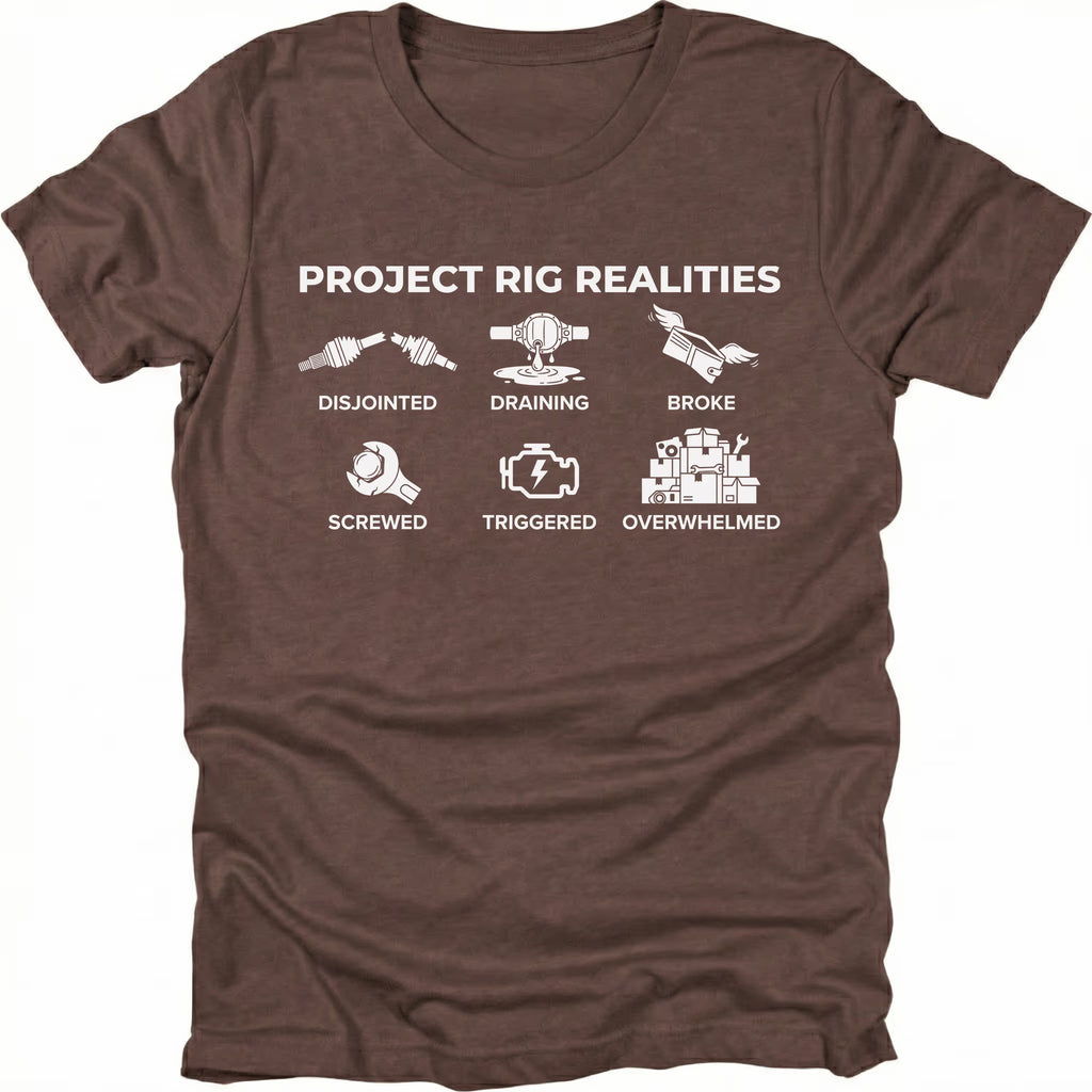 Espresso T-Shirt with “Project Rig Realities” icons showing disjointed, draining, broke, screwed, triggered, and overwhelmed on front view by Trail Snark.