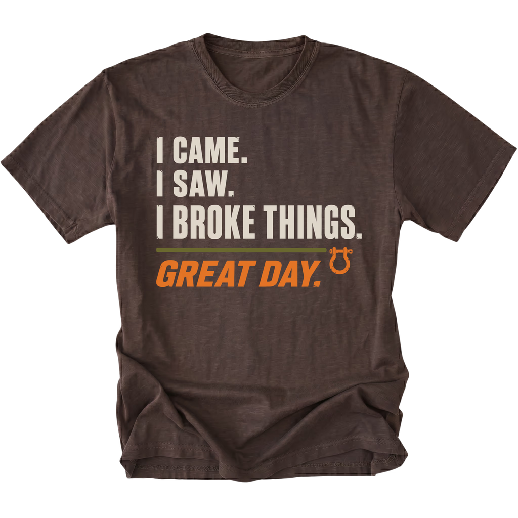 Espresso T-shirt featuring the Broke Things design on the front by Trail Snark.
