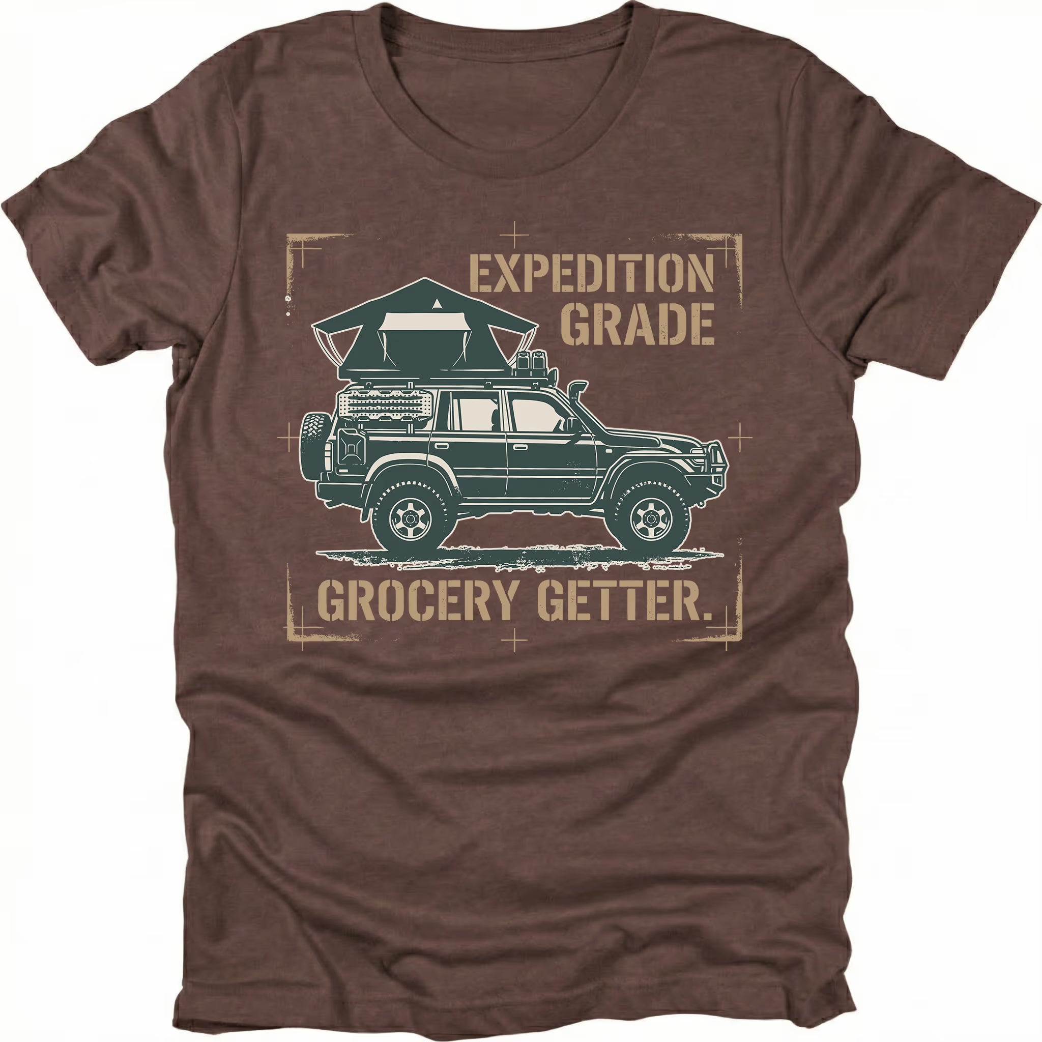 Espresso t-shirt featuring expedition grade grocery getter off-road vehicle graphic shown from the front by Trail Snark.