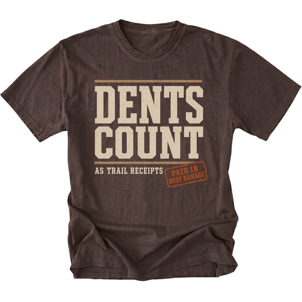 Espresso T-shirt featuring the Dents Count As Trail Receipts design on the front by Trail Snark.