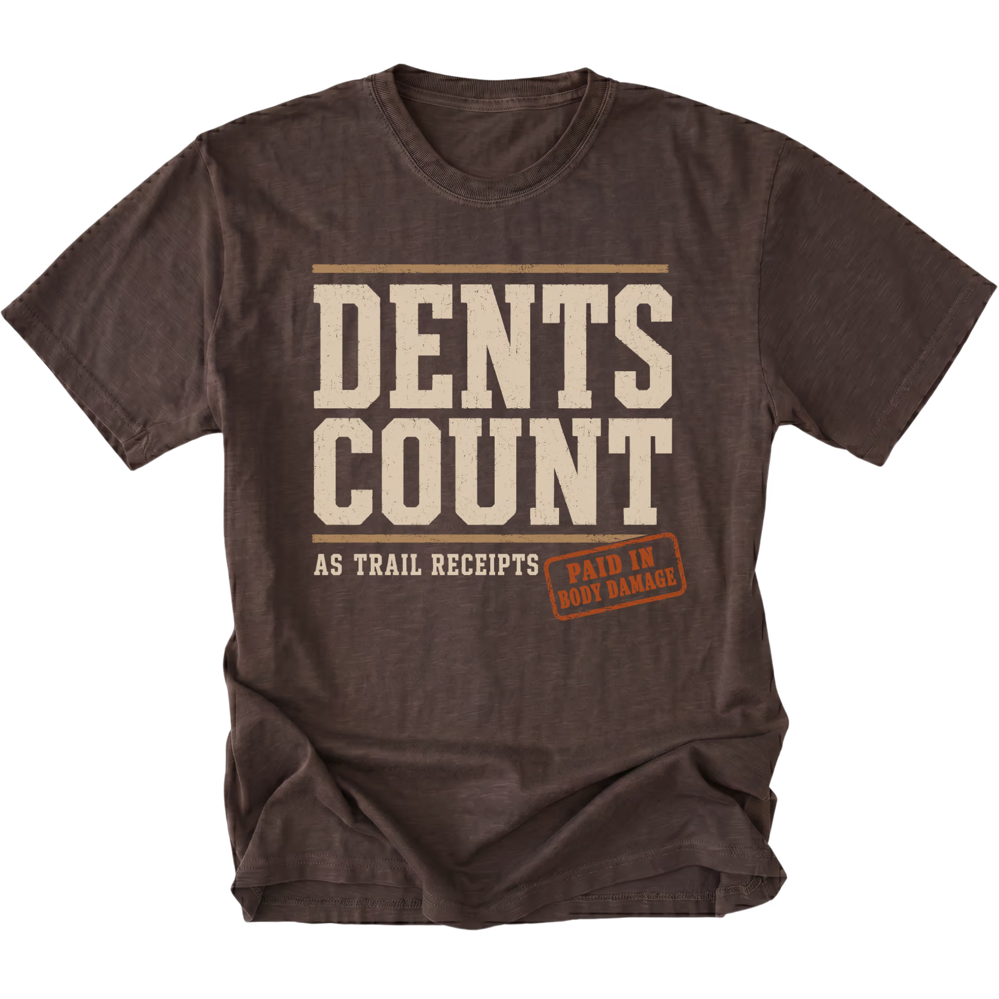 Espresso T-shirt featuring the Dents Count As Trail Receipts design on the front by Trail Snark.