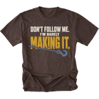 Espresso T-shirt featuring the Barely Making It recovery hook design on the front by Trail Snark.