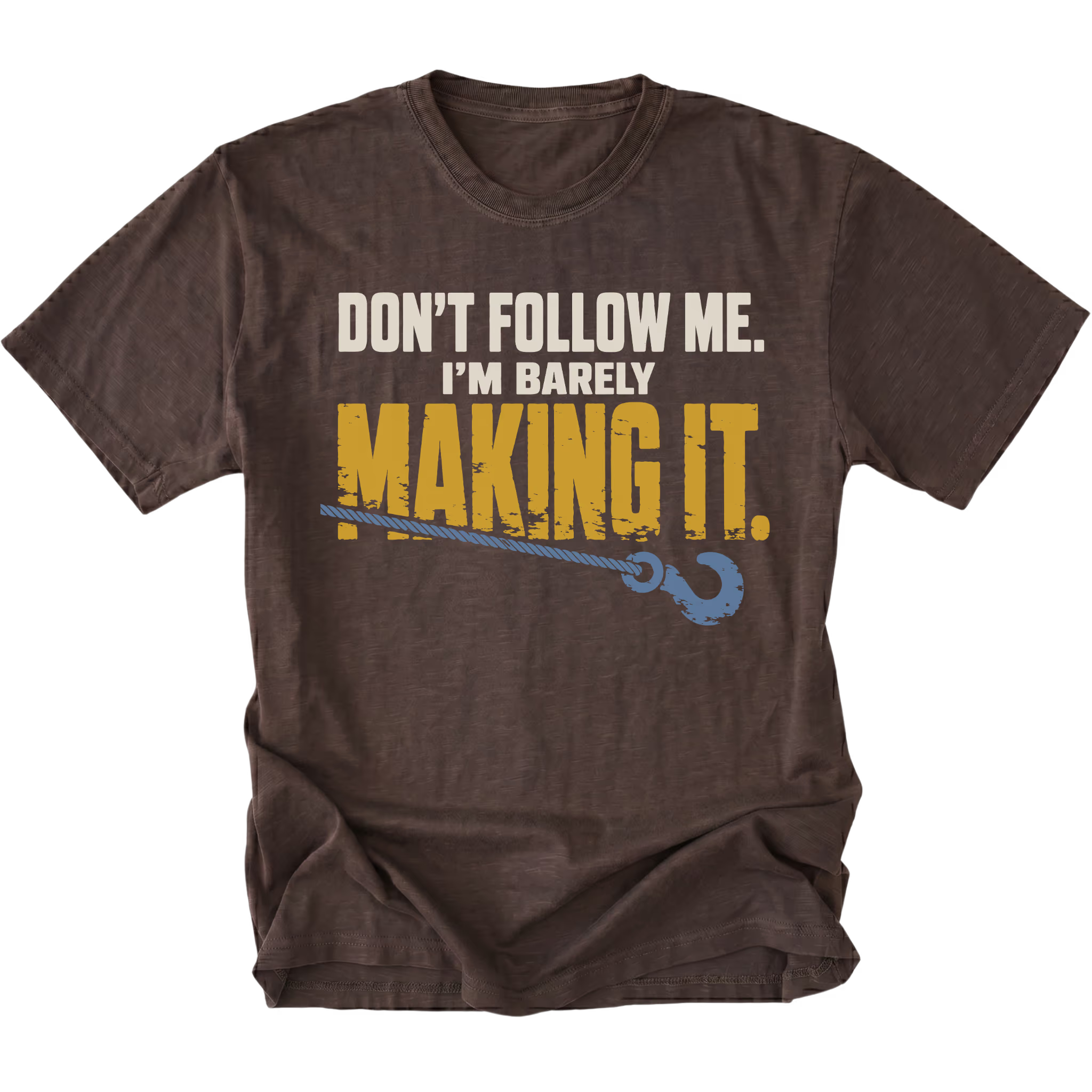 Espresso T-shirt featuring the Barely Making It recovery hook design on the front by Trail Snark.