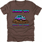Espresso t-shirt featuring pixel art off-road vehicle with error 404 skill not found text graphic shown from the front by Trail Snark.