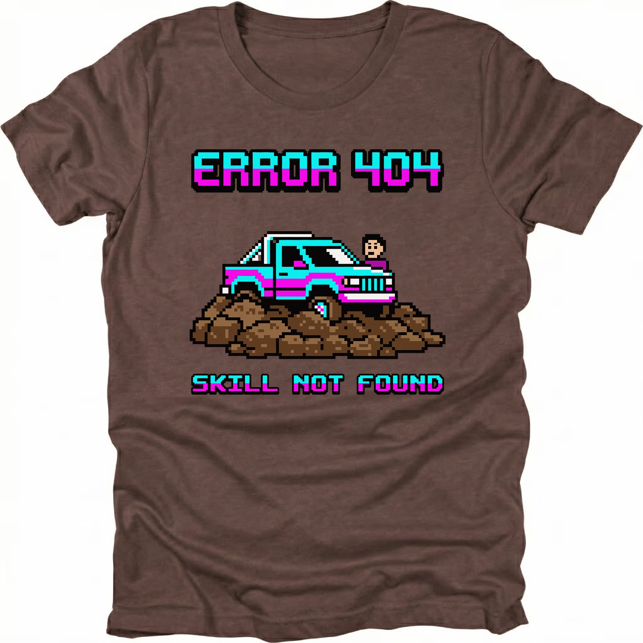 Espresso t-shirt featuring pixel art off-road vehicle with error 404 skill not found text graphic shown from the front by Trail Snark.