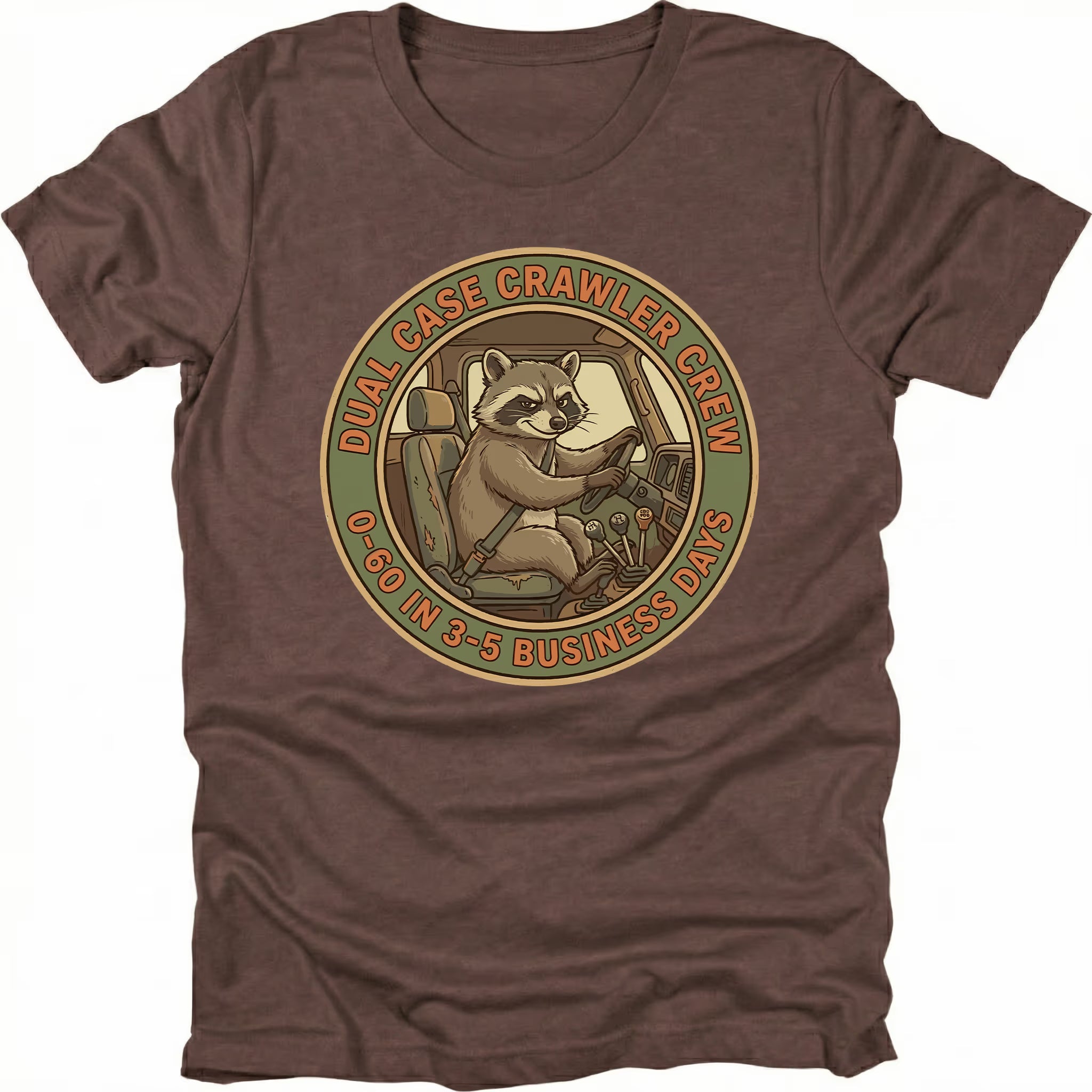 Espresso t-shirt featuring a raccoon driving a crawler with dual case crawler crew circular badge graphic shown from the front by Trail Snark.
