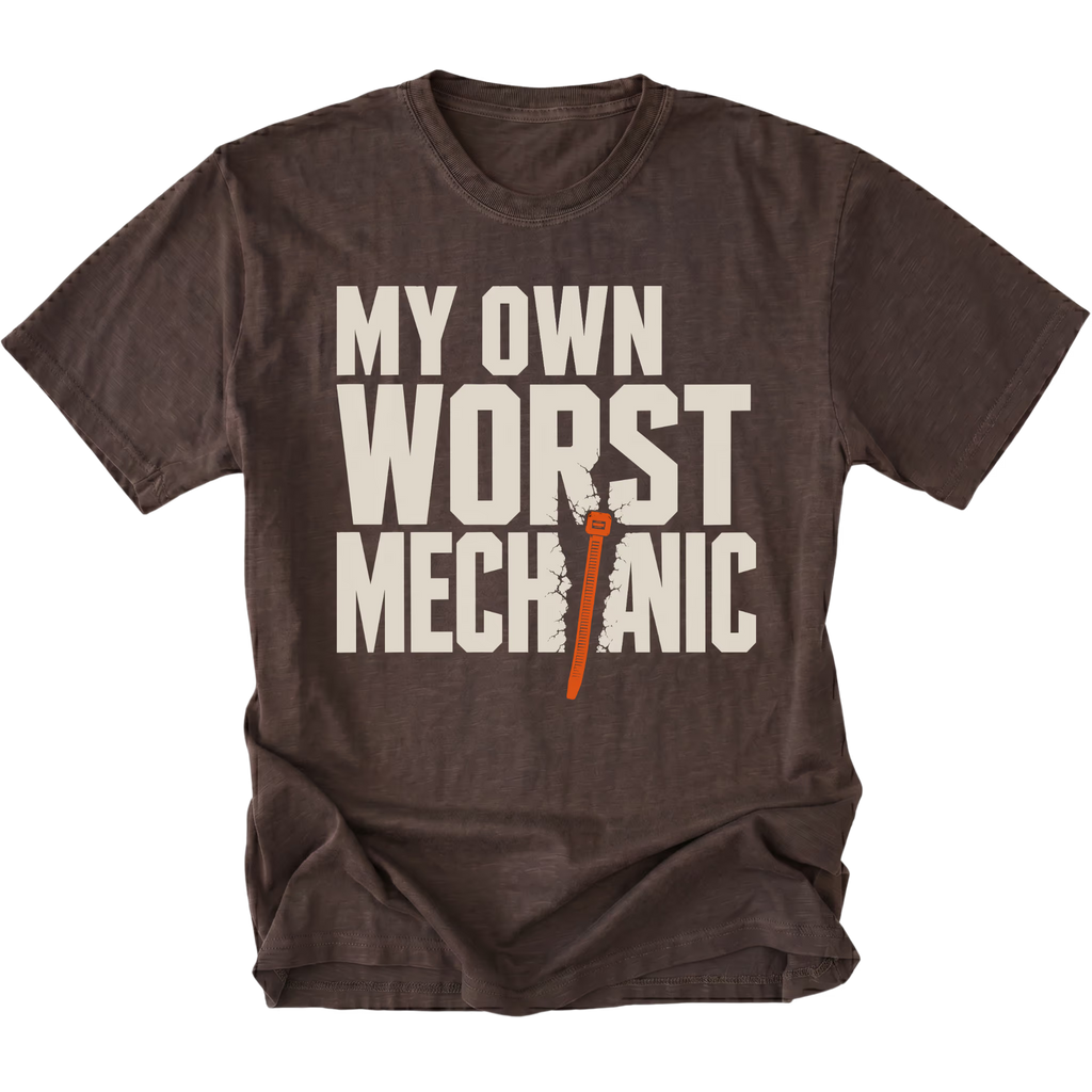 Espresso T-Shirt featuring the My Own Worst Mechanic design on the front by Trail Snark.