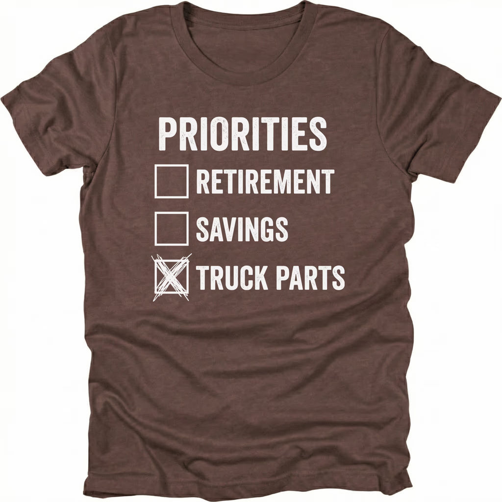 Espresso T-Shirt with Priorities checklist design highlighting truck parts on front view by Trail Snark.