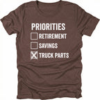 Espresso T-Shirt with Priorities checklist design highlighting truck parts on front view by Trail Snark.