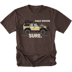Espresso t-shirt featuring a built off-road vehicle with daily driver sure text graphic shown from the front by Trail Snark.