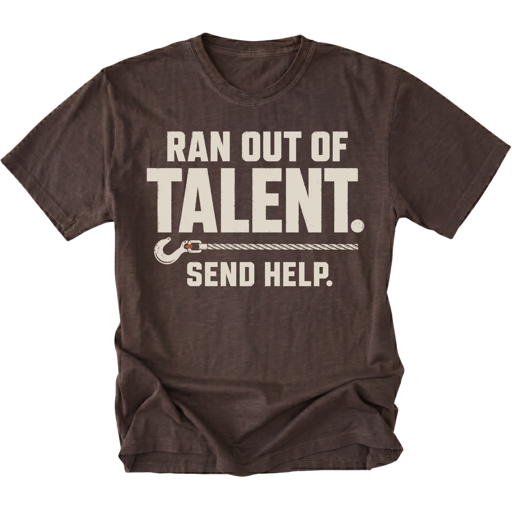 Espresso T-shirt featuring the Out of Talent recovery hook design on the front by Trail Snark.